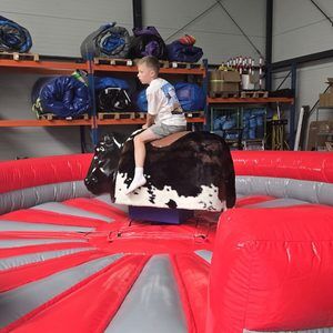 Kind fährt lachend auf dem Rodeobullen